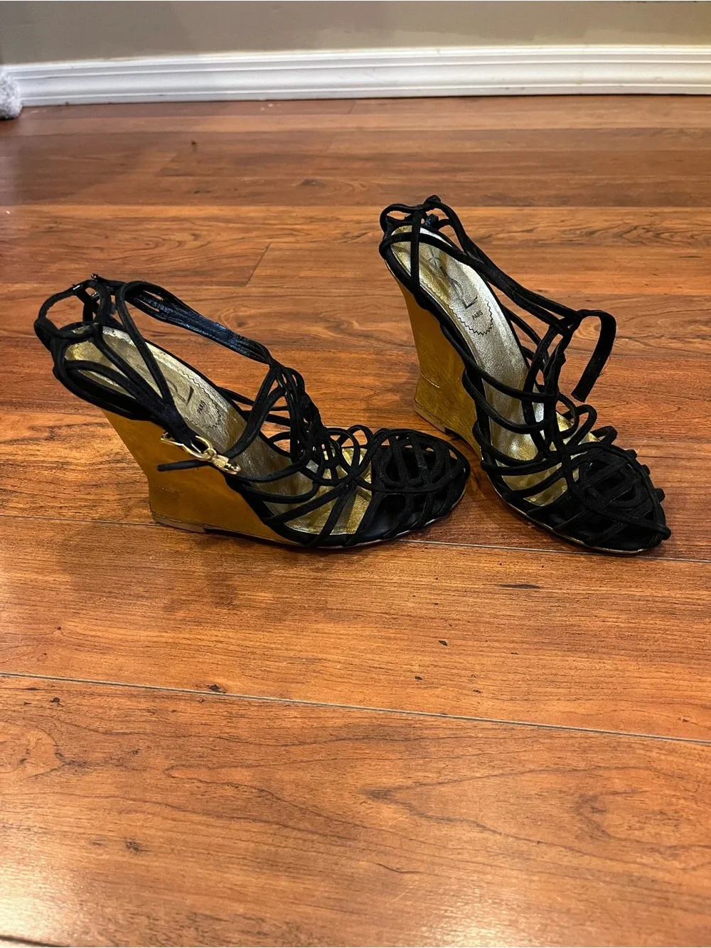 Saint Laurent Black Strappy Wedge Sandals with Gold Wedge Heel size 37
